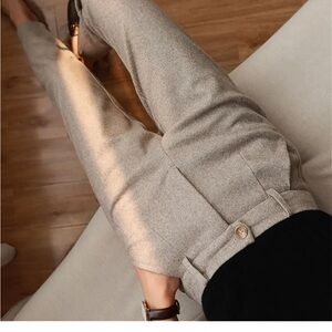 High-Waist Tailored Beige Herringbone Pants